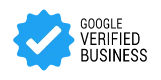 Blue square icon with white check and text Google Verified Business