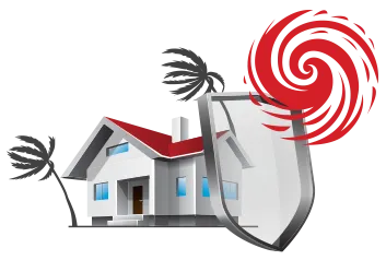 House protected by hurricane-rated impact windows and storm shield